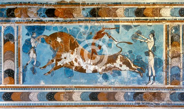 Bull-leaping fresco, Palace of Knossos, Crete, Greece, Bronze Age, (2000). Creator: Unknown.