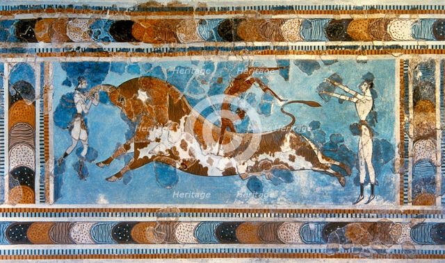 Bull-leaping fresco, Palace of Knossos, Crete, Greece, Bronze Age, (2000). Creator: Unknown.