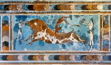 Bull-leaping fresco, Palace of Knossos, Crete, Greece, Bronze Age, (2000). Creator: Unknown
