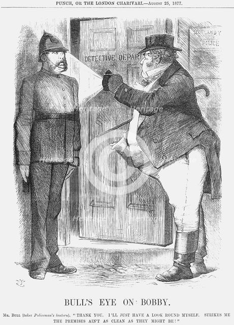 'Bull's Eye on Bobby', 1877. Creator: John Tenniel.