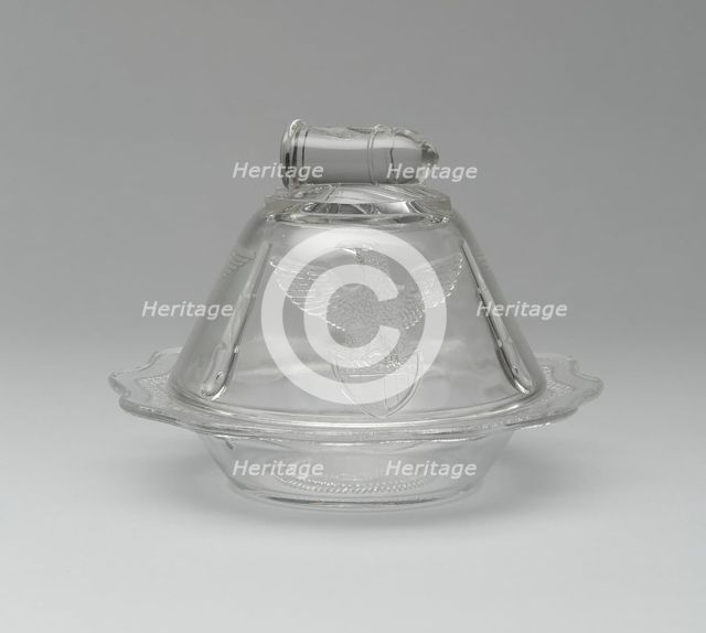 Bullet & Emblem pattern covered butter dish, 1870/1900. Creator: Unknown.