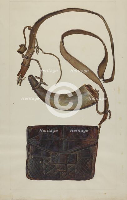 Bullet Pouch and Powder Horn, c. 1937. Creator: Cecil Smith.