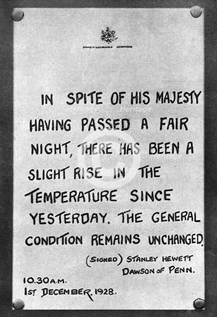 Bulletin of the King's medical progress fixed to the palace railings, 1928, (1935). Artist: Unknown
