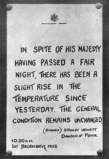 Bulletin of the King's medical progress fixed to the palace railings, 1928, (1935)