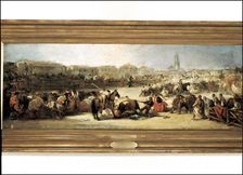 Bullfight in a village oil on table