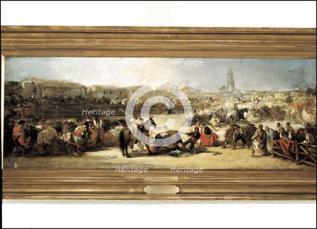 Bullfight in a village', oil on table.