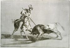 Bullfighting, series of etchings by Francisco de Goya, plate 11: El Cid Campeador lancenado otro…