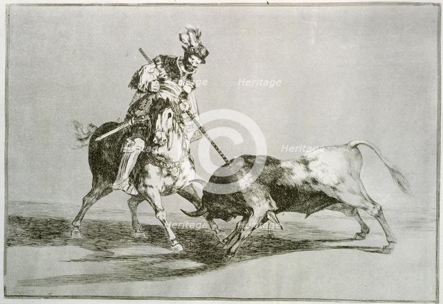 Bullfighting, series of etchings by Francisco de Goya, plate 11: 'El Cid Campeador lancenado otro…