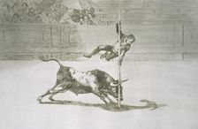 Bullfighting, series of etchings by Francisco de Goya, plate 20: Ligereza y atrevimiento de Juan…