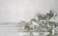 Bullfighting, series of etchings by Francisco de Goya, plate 21: Desgracias acaecidas en el tend…