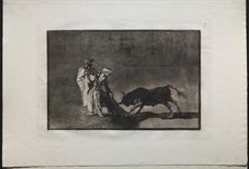 Bullfights: The Moors Make a Different Play in the Ring Calling the Bull with the Burnous, 1876. Creator: Francisco de Goya (Spanish, 1746-1828)