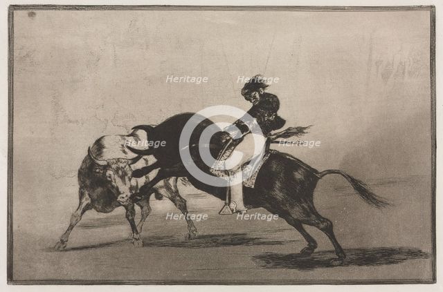 Bullfights: The Same Ceballos Mounted on Another Bull Breaks Short Spears in the Ring…, 1876. Creator: Francisco de Goya (Spanish, 1746-1828).
