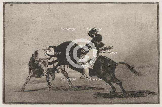 Bullfights: The Same Ceballos Mounted on Another Bull Breaks Short Spears in the Ring…, 1876. Creator: Francisco de Goya (Spanish, 1746-1828).