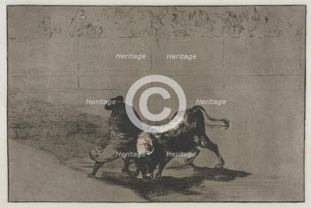 Bullfights: The Very Skilful Student of Falces, Wrapped in his Cape, Tricks the Bull..., 1876. Creator: Francisco de Goya (Spanish, 1746-1828).