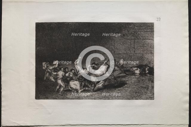 Bullfights: Two Teams of Picadors Thrown One After the Other by a Single Bull, 1876. Creator: Francisco de Goya (Spanish, 1746-1828).