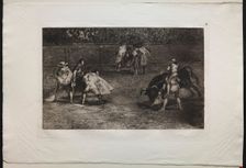 Bullfights: A Bullfighter Mounted on the Shoulders of an Assistant, Spearing a Bull, 1876. Creator: Francisco de Goya (Spanish, 1746-1828)