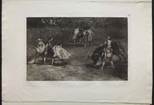 Bullfights: A Bullfighter Mounted on the Shoulders of an Assistant, Spearing a Bull, 1876. Creator: Francisco de Goya (Spanish, 1746-1828)