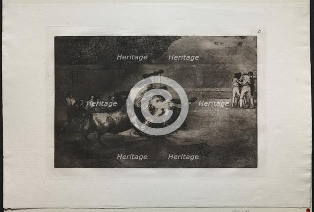 Bullfights: A Horse Thrown by the Bull, 1876. Creator: Francisco de Goya (Spanish, 1746-1828).