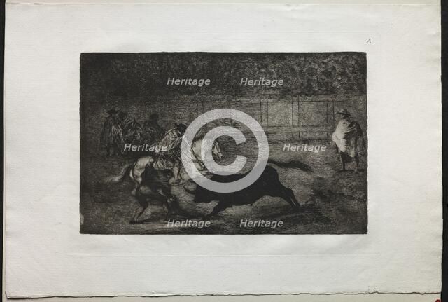 Bullfights: A Spanish Mounted Knight Breaking Short Spears with the Help of Assistants, 1876. Creator: Francisco de Goya (Spanish, 1746-1828).