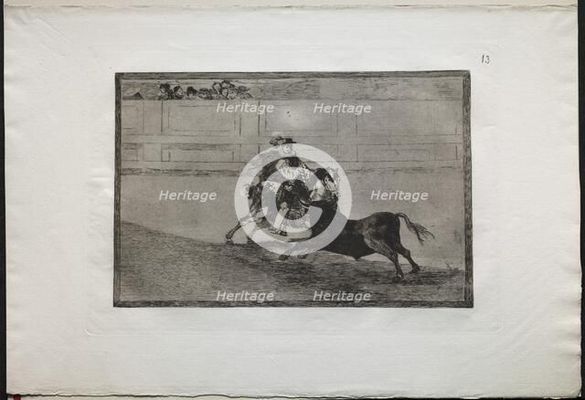 Bullfights: A Spanish Mounted Knight in the Ring Breaking Short Spears Without the Help..., 1876. Creator: Francisco de Goya (Spanish, 1746-1828).