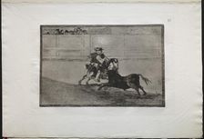 Bullfights: A Spanish Mounted Knight in the Ring Breaking Short Spears Without the Help..., 1876. Creator: Francisco de Goya (Spanish, 1746-1828)