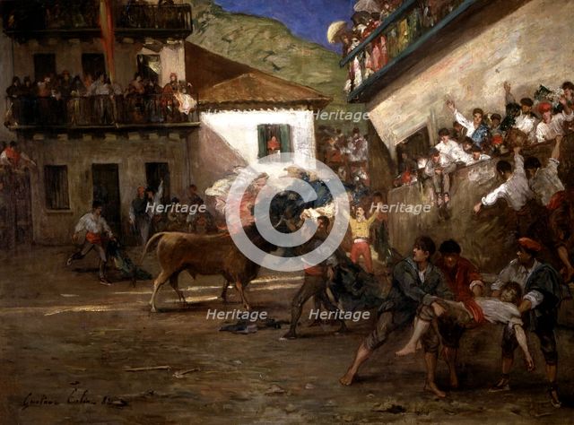  'Bulls in Lezo 1882' oil by Gustave Colin.