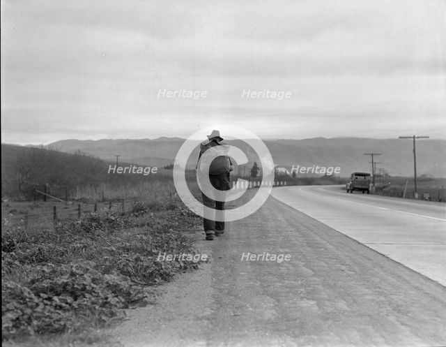 Bum blockade, all heading north, South of King City, California, 1936. Creator: Dorothea Lange.