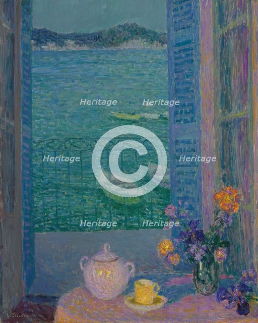 Bunch of flowers at the window, Villefranche-sur-Mer, 1928. Artist: Le Sidaner, Henri (1862-1939)