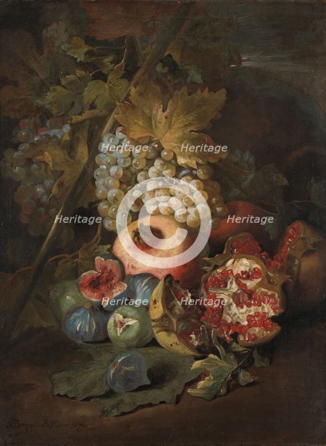 Bunches of Grapes, Pomegranates and Figs in a Landscape, 1670. Creator: Abraham Brueghel.