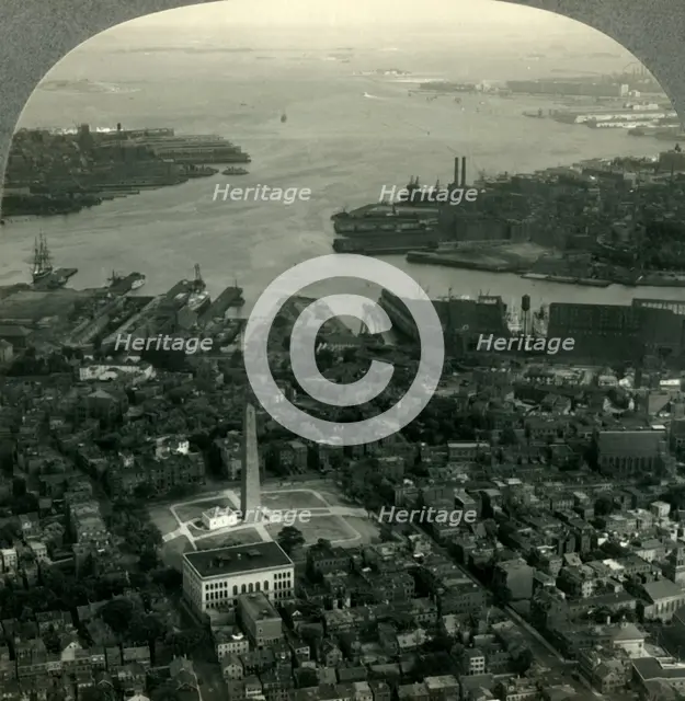 'Bunker Hill Monument and Boston Harbor from the Air, Boston, Mass.', c1930s. Creator: Unknown.