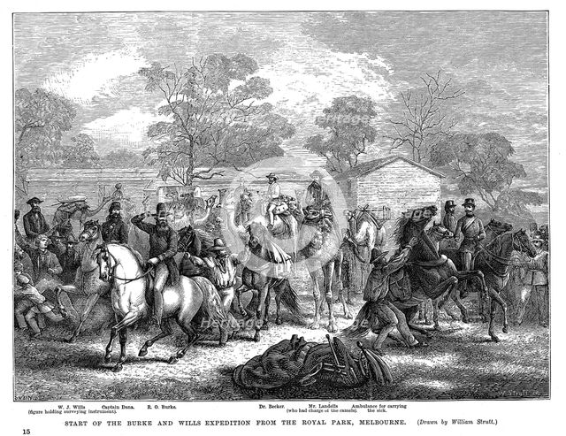 Burke and Wills expedition setting out from Royal Park, Melbourne, Australia, 20 August 1860. Artist: Unknown
