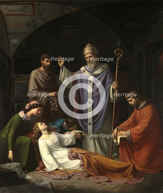 Burial of Saint Cecilia in the Catacombs of Rome, 1852. Creator: Luis de Madrazo y Kuntz.