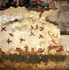 Burial chamber of the necropolis of Tarquinia, mural painting with hunting and fishing scene