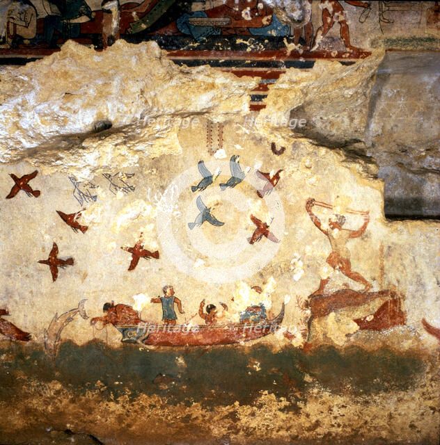 Burial chamber of the necropolis of Tarquinia, mural painting with hunting and fishing scene.