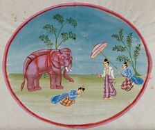 Burma: a lady attended by a servant bringing an elephant and another..., between 1800 and 1899. Creator: Unknown