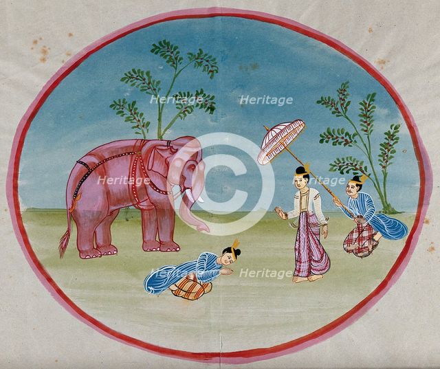 Burma: a lady attended by a servant bringing an elephant and another..., between 1800 and 1899. Creator: Unknown.