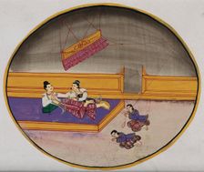 Burma: two figures reclining on a bed in a palace, while one servant swings..., between 1800 & 1899. Creator: Unknown