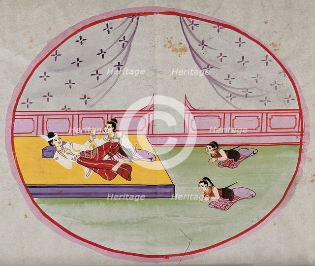 Burma: two figures reclining on a bed in a palace, while two servants pay homage, between 1800 & 189 Creator: Unknown.