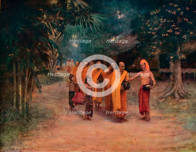 'Burmese Monks Begging in a Village - Early Morning', 1913. Artist: James Raeburn Middleton.