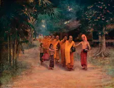 Burmese Monks Begging in a Village - Early Morning 1913. Artist: James Raeburn Middleton