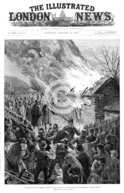 Burning the houses of evicted tenants at Glenbeigh, County Kerry, Ireland, 1887. Artist: A Forestier