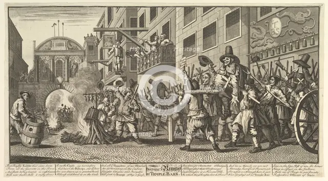Burning the Rumps at Temple Bar (Twelve Large Illustrations for Samuel Butler's Hudibra..., 1725-68. Creator: William Hogarth.