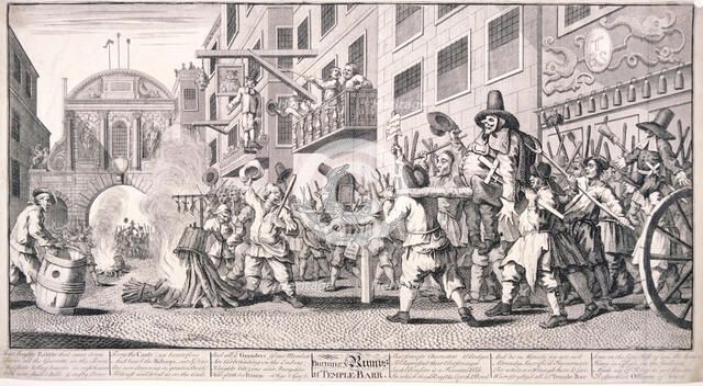 Burning the rumps at Temple Bar, London, 1726. Artist: William Hogarth