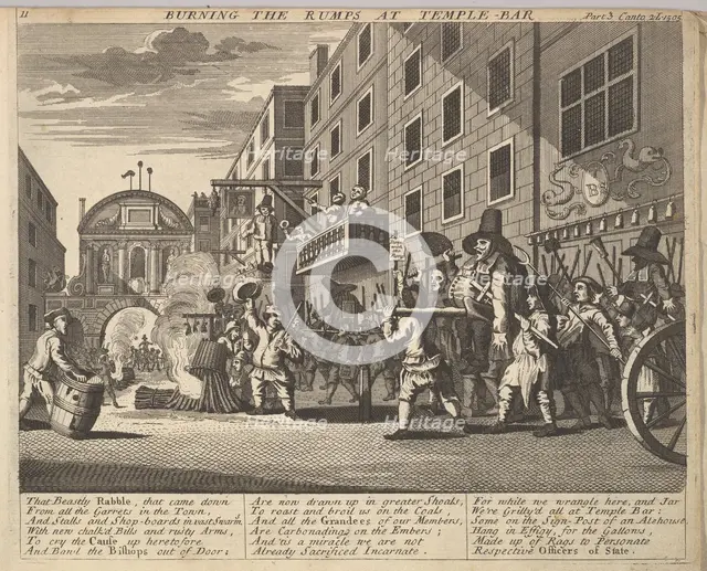 Burning the Rumps at Temple Bar (Plate 11: Illustrations to Samuel Butler's Hudibras), 1725-30 (?). Creator: Unknown.