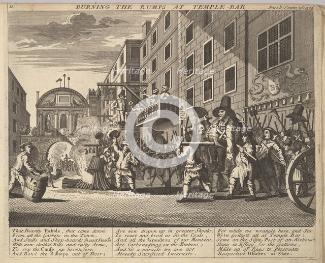 Burning the Rumps at Temple Bar (Plate 11: Illustrations to Samuel Butler's Hudibras), 1725-30 (?). Creator: Unknown.