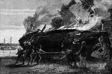 Burning a condemned slave dhow at Funzi, Pemba Island, 1881. Creator: Unknown
