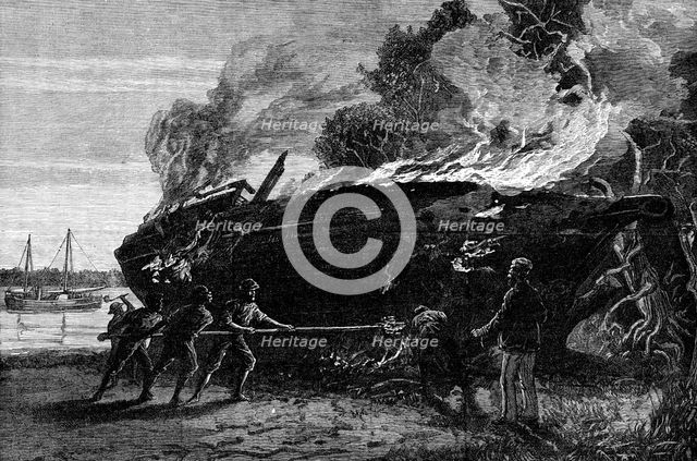 Burning a condemned slave dhow at Funzi, Pemba Island, 1881. Creator: Unknown.