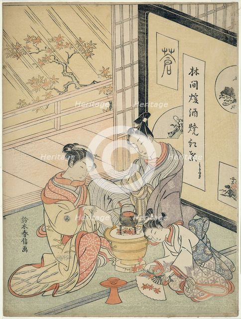 Burning Maple Leaves to Heat Sake, c. 1768. Creator: Suzuki Harunobu.