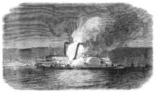 Burning of the American river steamer Isaac Newton on her way from New York to Albany, 1864. Creator: Unknown