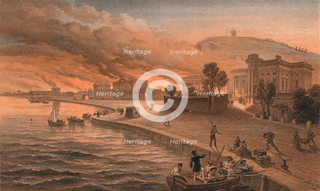 'Burning of the Government Buildings at Kertch, 9th June 1855', 1856. Artist: Thomas Picken.